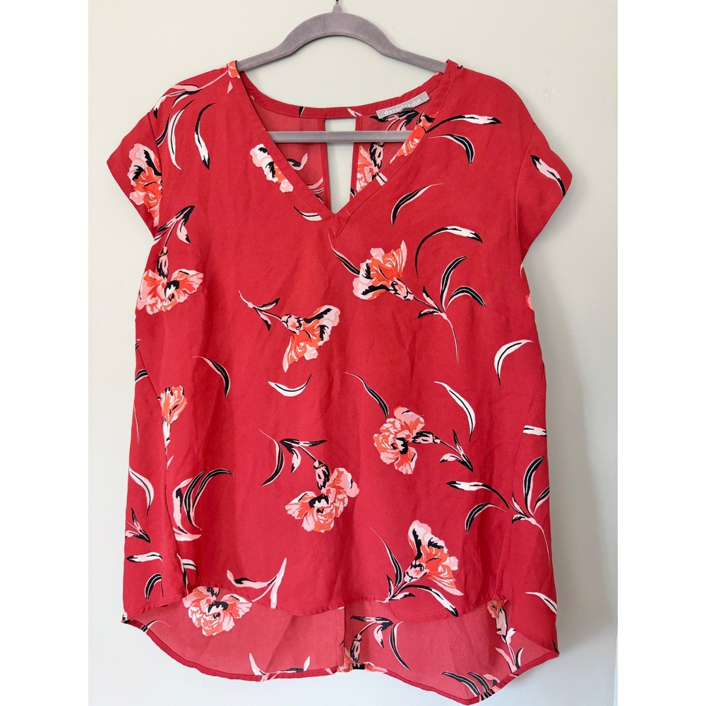 Daniel Rainn Floral V-Neck Blouse Short Cap Sleeve Back Cutout XL Rusty Red